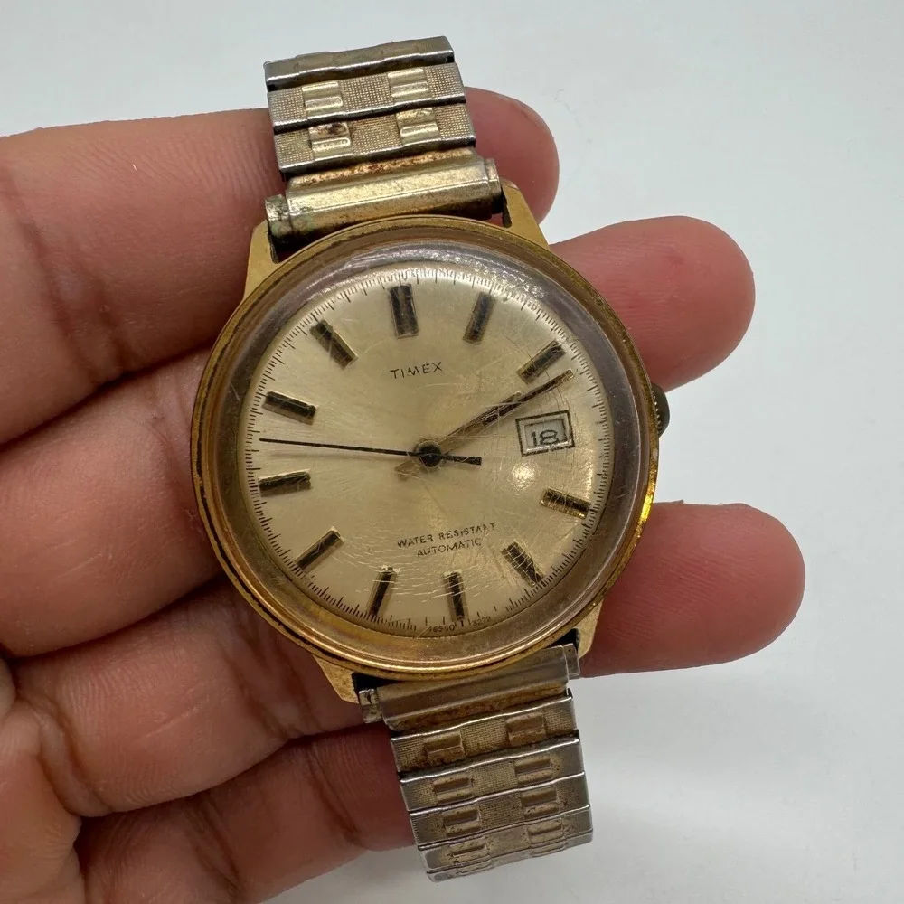 Vintage Timex Automatic Watch Gold Tone Date 46550 3272 For Parts Repair